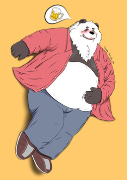 alcohol anthro beer belly beverage black_body black_fur black_nose clothed clothing drunk eyes_closed fur humanoid_hands lying male open_clothing open_shirt open_topwear overweight overweight_male shirt simple_background solo substance_intoxication topwear white_body white_fur panda_panpan_86 sr_panda_86 bear giant_panda mammal 2021 hi_res