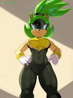 anthro bodysuit breasts clothed clothing ear_piercing ear_ring female fur green_body hair looking_at_viewer piercing ring_piercing simple_background skinsuit solo standing tight_clothing soranygyart idw_publishing sega sonic_the_hedgehog_(comics) sonic_the_hedgehog_(idw) sonic_the_hedgehog_(series) surge_the_tenrec afrosoricid mammal tenrec 3:4 digital_media_(artwork) hi_res