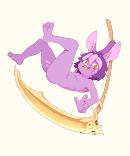anthro feet fur genitals hair male male/male melee_weapon nude paws penis pink_hair polearm purple_body purple_fur purple_hair scythe small_penis solo tongue tongue_out weapon yellow_eyes zeraklawz lagomorph leporid mammal rabbit 5:6 absurd_res hi_res