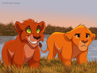 black_eyebrows brown_body brown_fur cheek_tuft duo eyebrows facial_tuft feral fur grass green_eyes head_tuft male orange_body orange_fur outside plant quadruped red_eyes tail tail_tuft teeth toony tuft whiskers yellow_sclera young young_feral young_male felixcartoons disney the_lion_king mufasa taka_(the_lion_king) felid lion mammal pantherine 4:3 colored digital_drawing_(artwork) digital_media_(artwork) hi_res shaded
