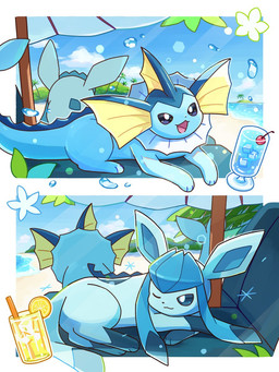 ambiguous_gender beach beach_chair beach_umbrella beverage blue_body blue_eyes cherry cloud drinking_straw duo feral food fruit happy lemonade lying on_front one_eye_closed open_mouth palm_tree parasol paws plant purple_eyes sea sky soda tail tongue tree water water_droplets nekogyo122 nintendo pokemon eeveelution generation_1_pokemon generation_4_pokemon glaceon pokemon_(species) vaporeon 2025 3:4 digital_media_(artwork) hi_res
