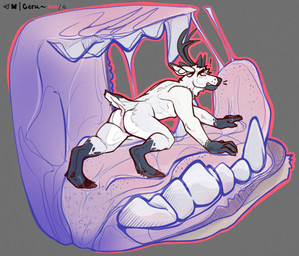 ambiguous_gender anthro antlers athletic black_fur_markings blush blush_lines bodily_fluids butt exclamation_point fur grey_body grey_fur hooves horn inevitable_vore male mawplay open_mouth oral_vore pink_butt pink_mouth pink_tongue saliva saliva_string scared sharp_teeth short_tail sweat sweatdrop tail teeth throat tongue vore white_body white_fur ceru kobin_(character) deer mammal mule_deer new_world_deer hi_res