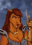 angry anthro armor breasts cleavage clothed clothing female gloves green_eyes hair handwear holding_knife holding_object jewelry knife looking_back necklace red_hair simple_background solo dead-sugar red_shetland equid equine horse mammal pony shetland_pony 2019 bust_portrait hi_res portrait