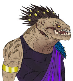 anthro armband armlet brown_quills clothing eyebrow_piercing eyebrow_ring facial_piercing gold_band gold_ring hair_jewelry male piercing pupils quill_hair ring_piercing sash sharp_teeth shirt shoulder_guards simple_background slit_pupils tan_body tank_top teeth topwear yellow_eyes in-a-nutcase halo_(series) microsoft xbox_game_studios alien ibie'shan kig-yar scalie absurd_res colored hi_res