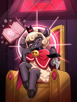 2_horns ambiguous_gender anthro bell bell_collar black_body black_collar black_eyes black_fur book chair clothing cloven_hooves collar dagger floating fur furniture grin hair heterochromia holding_dagger holding_melee_weapon holding_object holding_weapon hooves horizontal_pupils horn melee_weapon multicolored_body on_chair pupils red_clothing red_eyes red_robe robe sitting sitting_on_chair sitting_on_throne smile solo throne two_tone_body weapon white_body white_fur white_hair white_wool wool_(fur) conditional_dnp linndrim cult_of_the_lamb massive_monster_(studio) lamb_(cult_of_the_lamb) red_crown_(cult_of_the_lamb) bovid caprine mammal sheep absurd_res hi_res