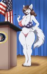 4_toes american_flag american_flag_bikini anthro barefoot big_breasts bikini bikini_bottom bikini_top breasts brown_hair clothed clothed_anthro clothed_female clothing feet female flag_bikini fur green_eyes hair huge_breasts lectern mature_female politics president solo swimwear toes two-piece_swimsuit united_states_of_america white_body white_fur tommysamash edith_vaughn canid canine canis mammal wolf absurd_res hi_res