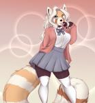 anthro bottomwear breasts clothed clothing female freckles fur green_eyes hair legwear orange_body orange_fur skirt solo thigh_highs tongue tongue_out white_hair thecatnamedfish tammy_fairfield ailurid mammal red_panda hi_res