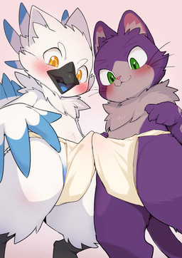 4_fingers amber_eyes anthro asian_clothing beak blush bulge bulge_frottage clothing detailed_bulge duo east_asian_clothing erection erection_under_clothing fingers fundoshi fur genital_outline gradient_background green_eyes japanese_clothing male male/male open_mouth penis_outline purple_body purple_fur shota simple_background standing tenting underwear white_body young manmosu_marimo avian bird domestic_cat felid feline felis mammal 2026 absurd_res hi_res