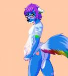 anthro blush bottomless canid canine clothed clothing erection erection_under_clothing eyewear genitals glasses hi_res looking_at_viewer male mammal mars.cacxtus penis shirt solo standing topwear wet wet_clothing wet_shirt wet_topwear