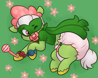 ambiguous_gender bonnet clothed clothing diaper feral flower hair headgear headwear pacifier plant shirt simple_background solo topwear young monsterbunny 2015 archived_source digital_drawing_(artwork) digital_media_(artwork)