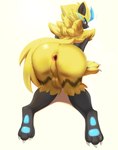 all_fours anthro anus balls big_butt blue_eyes blush butt fluffy genitals kneeling looking_back male pawpads rear_view solo yellow_body conditional_dnp olexafox nintendo pokemon generation_7_pokemon legendary_pokemon pokemon_(species) zeraora absurd_res digital_media_(artwork) hi_res