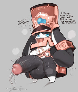 anthro balls big_balls big_penis black_body black_fur bodily_fluids clothed clothing dialogue dripping fur genital_fluids genitals hat headgear headwear huge_balls huge_penis hyper hyper_genitalia hyper_penis kemono leaking long_ears male mascot opening_jacket penis precum precum_drip presenting small_but_hung solo text white_body white_fur yuta1cc honkai:_star_rail mihoyo pom-pom_(honkai:_star_rail) english_text hi_res