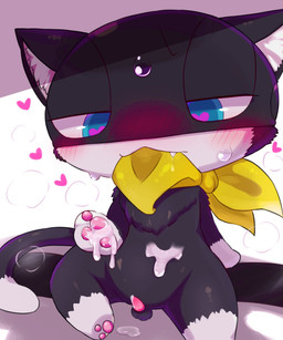 after_orgasm afterglow anthro black_body black_fur blue_eyes blush bodily_fluids chest_tuft chibi cum cum_on_belly cum_on_body cum_on_hand cum_on_self dipstick_limbs dipstick_tail excessive_cum excessive_genital_fluids fur genital_fluids genitals heart_eyes heart_symbol inner_ear_fluff kerchief kerchief_only long_tail male markings mask mostly_nude pawpads penis scarf scarf_in_mouth scarf_only small_penis solo sweat tail tail_markings tapering_penis teeth tuft young young_anthro badwingm atlus megami_tensei persona_(series) persona_5 sega morgana_(persona) domestic_cat felid feline felis mammal tuxedo_cat hi_res adult_(lore)