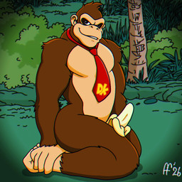 accessory anthro banana brown_body brown_fur featureless_chest feet food fruit fur male mostly_nude necktie necktie_only pecs plant pose prehensile_feet red_necktie smile solo tan_body toes fabfelipe donkey_kong_(series) nintendo donkey_kong_(character) ape gorilla haplorhine mammal primate 1:1 2026 digital_drawing_(artwork) digital_media_(artwork) hi_res pinup