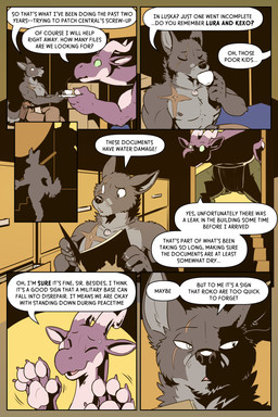 anthro beverage biped blind_eye container cup dialogue duo file_folder filing_cabinet fur green_eyes grey_body grey_fur holster holstered_pistol horn jewelry long_neck male muscular muscular_anthro muscular_male necklace nipples no_pupils purple_body purple_scales purple_skin scales scar shirtless_anthro size_difference speech_bubble tea_cup text rick_griffin in_the_new_age mythology the_witch_of_kurikuto bastion_(rick_griffin) orodachi canid canine canis dragon mammal mythological_creature mythological_scalie scalie wolf 2:3 comic english_text hi_res high_contrast shaded