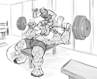 abs anthro bared_teeth big_muscles clothed clothing duo exercise gym inside jewelry lying male male_anthro muscular muscular_anthro muscular_male necklace on_back open_mouth pecs spotted_arms spotted_legs topless topwear weightlifting workout solaxe_(artist) ailurid felid mammal red_panda hi_res monochrome sketch