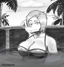 anthro big_breasts bored breasts clothed clothed_anthro clothed_female clothing cloud eyebrows female front_view frown half-closed_eyes looking_at_viewer medium_hair narrowed_eyes non-mammal_breasts outside palm_tree partially_submerged plant raised_eyebrow sky solo swimming_pool text tree unimpressed water water_drop wet wet_body nekomuro cavemanon_studios i_wani_hug_that_gator olivia_halford baryonyx dinosaur prehistoric_species reptile saurischian scalie spinosaurid theropod artist_name greyscale hi_res monochrome shaded