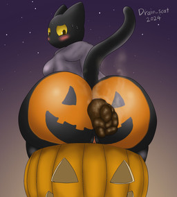 anthro anus big_butt big_ears black_body black_fur blush bodypaint breasts butt butt_focus clothed clothing costume curvy_figure feces feces_in_ass female food frown fruit fur genitals glistening glistening_body halloween_costume holidays huge_butt jack-o'-lantern looking_back night outside painted_butt plant pooping pumpkin pumpkin_butt sitting sitting_on_pumpkin solo star tail thick_thighs vulva yellow_eyes drain_scat google google_doodle halloween magic_cat_academy momo_(google) domestic_cat felid feline felis mammal 2024 hi_res