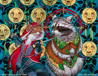 abstract_background ambiguous_gender anthro brown_body brown_fur claws clothing dagger duo eye_scar facial_markings facial_scar fur gloves grey_body grey_fur handwear head_markings holding_dagger holding_melee_weapon holding_object holding_weapon male markings mask_(marking) melee_weapon open_mouth red_clothing scar smile weapon rhonda_libbey hasbro magic:_the_gathering wizards_of_the_coast cruelclaw_(magic:_the_gathering) mammal procyonid raccoon 2024 hi_res official_art