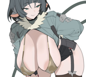 areola areola_slip bent_over big_breasts bikini black_bottomwear black_clothing black_fingerless_gloves black_gloves black_hair black_handwear black_shorts bottomwear breasts clothed clothing colored_nails female fingerless_gloves fur_trim_(clothing) garter_straps gloves gold_bikini green_eyes grey_clothing grey_jacket grey_topwear hair handwear hanging_breasts huge_breasts jacket leaning leaning_forward legwear nails nipple_outline open_clothing open_jacket open_topwear pointy_ears red_nails short_hair shorts simple_background skindentation smile solo swimwear tail thick_thighs thigh_highs topwear two-piece_swimsuit white_background wide_hips toma_(artist) mihoyo zenless_zone_zero jane_doe_(zenless_zone_zero) animal_humanoid humanoid mammal mammal_humanoid murid murid_humanoid murine murine_humanoid rat_humanoid rodent rodent_humanoid thiren digital_drawing_(artwork) digital_media_(artwork) hi_res