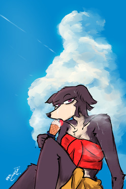 anthro bodily_fluids clothed clothing cloud dessert female food hot_weather ice_cream licking_ice_cream looking_at_viewer partially_clothed sky skyscape solo sweat sweatdrop thailand mr.foxman beastars juno_(beastars) canid canine canis mammal wolf 2:3 hi_res