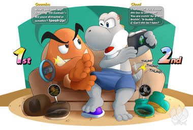 anthro barefoot bodily_fluids clothing dialogue erection erection_under_clothing extreme_size_difference feet foot_fetish foot_focus foot_play gaming genital_fluids group humanoid_feet inside_clothing inside_shoe insole male male/male micro plantigrade playing_video_game precum precum_through_clothing size_difference speech_bubble sweat text trapped_in_clothing trapped_in_shoe wet wet_clothing vaxen12 mario_bros nintendo pokemon charmander generation_1_pokemon goomba lagomorph leporid mammal pokemon_(species) rabbit yoshi english_text hi_res