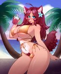 accessory anthro beverage big_breasts bikini biped blue_eyes blue_sky blush breasts camel_toe clothed clothing cloud day drinking_straw eyelashes female flower flower_in_hair hair hair_accessory holding_beverage holding_object huge_breasts navel outside palm_tree plant pubes red_hair sea sky solo standing swimwear tail tree two-piece_swimsuit water onomari croia canid canine mammal 2023 artist_name digital_media_(artwork) hi_res portrait shaded three-quarter_portrait