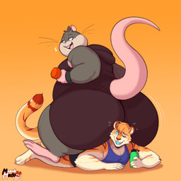anthro anthro_on_anthro barefoot big_butt black_clothing blue_clothing buckteeth butt clothing duo feet male male/male overweight overweight_male simple_background sitting_on_another sitting_on_character smile tail teeth whiskers yellow_background meganemausu ns22_highwater reece_(meganemausu) felid mammal murid murine pantherine rat rodent tiger 1:1 2022 digital_media_(artwork) hi_res nonbinary_(lore)