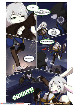 ambiguous_gender anthro clothing dialogue duo male open_mouth outside panties panty_shot patreon_logo patreon_username text underwear sollyz patreon canid canine canis lagomorph leporid mammal rabbit wolf 2021 comic english_text url