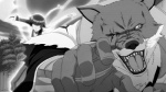 anthro biceps black_hair duo female fur hair male muscular shinigami_uniform maxime-jeanne tite_kubo bleach_(series) inutonotawamure sajin_komamura sui-feng canid canine canis human mammal wolf 16:9 2013 greyscale monochrome widescreen