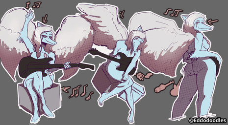 anthro blue_body bone_frill breasts brown_eyes butt claws convenient_censorship crossed_legs elbow_feathers electric_guitar feathered_wings feathers feet female frill_(anatomy) front_view grey_background grey_body grey_feathers grey_hair guitar guitar_pick hair head_turned high-angle_view holding_guitar holding_musical_instrument holding_object humanoid_feet jewelry long_hair looking_at_viewer looking_back looking_down low-angle_view markings medium_breasts multiple_poses musical_instrument musical_note musical_symbol necklace nipple_covers non-mammal_breasts nude nude_anthro nude_female outline plantigrade plucked_string_instrument pose seductive short_tail side_boob side_view simple_background sitting smile solo standing string_instrument striped_markings stripes symbol tail text toe_claws toes white_outline wings eddodoodle goodbye_volcano_high ko_op_(game_developer) fang_(gvh) prehistoric_species pterosaur reptile scalie absurd_res artist_name colored full-length_portrait hi_res portrait shaded
