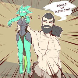 ahoge anthro beard breasts clothed clothing duo exclamation_point facial_hair female grey_hair hair horn larger_male male muscular muscular_male scar size_difference smaller_female smile text the_man screws_(jackie_hiero) the_man_(character) human kobold mammal scalie 1:1 2022 absurd_res english_text hi_res