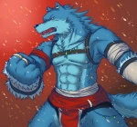 abs anthro athletic bandage belt biceps biped blue_body blue_fur blue_nose clothed clothing ear_piercing fangs fur jewelry male muscular muscular_anthro necklace open_mouth pecs piercing pose ring solo standing teeth tongue topless yellow_eyes shinoda_hamazaki canid canine canis mammal wolf