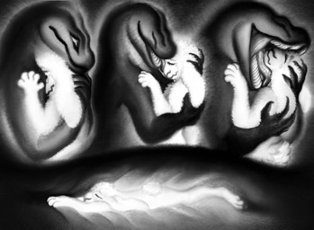 anthro apode bodily_fluids crying duo endosoma eyes_closed female female/female glowing legless nude oral_vore safe_vore serpentine tears teeth vore warm ink-the-artist bovid caprine draconcopode mammal naga sheep 2025 comic hi_res monochrome