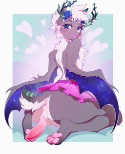 anthro antlers anus blue_eyes blush bottomwear branch branch_horn butt clothed clothing cosmic_flesh cosmic_wings crossdressing eyeshadow fangs femboy fluffy flying fur genitals grey_body hair heart_symbol horn humanoid_genitalia humanoid_penis inner_ear_fluff looking_at_viewer looking_back looking_back_at_viewer makeup male nude open_mouth partially_clothed pawpads paws penis perineum pink_bottomwear pink_clothing pink_skirt plant plant_horn presenting presenting_hindquarters pseudo_horn scut_tail short_tail sitting skirt solo tail teeth tongue tongue_out tuft white_hair wings tokkot bat mammal absurd_res hi_res