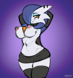 alternative_fashion barbell_piercing blue_eyeshadow blue_hair border bottomwear bracelet breasts clothing collar color_swatch dark_lipstick exposed_breasts eyelashes eyeshadow female fishnet_clothing fishnet_legwear goth hair hands_behind_head hotpants jewelry legwear long_eyelashes makeup markings metal midriff mole_(marking) nipple_piercing nipples orange_eyes piercing punk purple_background purple_body short_hair shorts simple_background smile smiling_at_viewer solo spiked_bracelet spikes thong torn_bottomwear torn_clothing underwear white_body white_border wide_hips zombiate nintendo pokemon beatrix_(nickzilla) gardevoir generation_3_pokemon humanoid pokemon_(species) shiny_pokemon hi_res