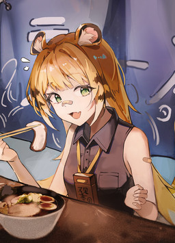 adolescent animal_ears band-aid bandage bare_shoulders blonde_hair bowl breasts clothing collared_shirt container cute_fangs dress_shirt fangs female fluffy_ears food food_bowl green_eyes grey_dress_shirt hair long_hair looking_at_viewer open_mouth pet_bowl shirt sleeveless_shirt small_breasts striped_hair teeth three-quarter_view topwear young young_female young_humanoid yenuh mihoyo zenless_zone_zero ju_fufu animal_humanoid felid felid_humanoid humanoid mammal mammal_humanoid pantherine pantherine_humanoid thiren tiger_humanoid digital_drawing_(artwork) digital_media_(artwork) hi_res