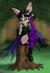 anthro biped black_hair blush boots bottomwear clothing crossed_legs detailed_background female footwear forest gloves hair handwear legwear outside plant scarf school_uniform shoes sitting sitting_on_stump skirt smile socks solo sweater topwear tree tree_stump uniform dachimotsu ty_the_tasmanian_tiger_(series) shade_(ty) bat ghost_bat mammal megabat megadermitid microbat hi_res