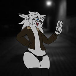 anthro beverage bulge clothing femboy hair jacket legwear male solo stockings tongue tongue_out topwear underwear white_body white_hair raganlier monster_energy mythology raganlier_(character) dragon mythological_creature mythological_scalie scalie 1:1