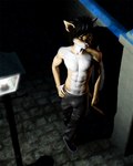 anthro black_bottomwear black_clothing black_hair black_pants blue_eyes bottomwear clothed clothing footwear fur hair male night pants partially_clothed shadow shoes sneakers solo street_lamp tan_body tan_fur topless white_body white_fur ryotsuke felid feline mammal 3d_(artwork) 4:5 digital_media_(artwork)