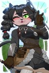 anthro archer arrow_(weapon) blush bow_(weapon) clothed clothing female gloves hair handwear holding_object holding_weapon jewelry looking_at_viewer necklace ranged_weapon smile solo weapon zexlynk moira_(casitoarroyo) domestic_cat felid feline felis humanoid mammal absurd_res digital_media_(artwork) hi_res