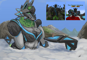 alternate_species anthro breasts cloud duo female furrification green_eyes larger_female macro macro_anthro macro_female mountain plant plant_hair pseudo_hair pseudo_mane rock size_difference the_canyon_colossus_(wynncraft) fugorsa wynncraft animated_statue canid canine colossus elemental_creature humanoid mammal mineral_fauna rock_creature