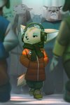 anthro bottomwear clothing crowd electronics female footwear fur group hand_in_pocket hands_in_both_pockets headphones pants pockets scarf shoes solo_focus walking miles_df canid canine fennec_fox fox mammal true_fox 2020 2:3