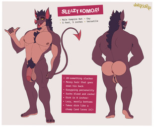 anthro anus armpit_hair ball_tuft balls bat_ears bat_nose beard black_hair body_hair bubble_butt butt chest_hair claws darkened_genitalia facial_hair fangs feet front_view fur genitals gesture glans grin hair hairy hand_gesture humanoid_genitalia humanoid_penis looking_at_viewer male messy_hair muscular muscular_anthro muscular_male nipple_piercing nipples nude nude_anthro nude_male open_mouth open_smile pecs penis piercing pink_eyes pubes purple_body purple_fur rear_view shaka_sign sharp_teeth simple_background smile solo spade_tail tail teeth text tongue tongue_out tuft yellow_sclera unrealrui sleazy_komori bat leaf-nosed_bat mammal microbat vampire_bat yangochiropteran 2025 absurd_res english_text hi_res model_sheet