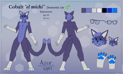 anthro biped blep blue_eyes butt digitigrade eyewear fur glasses grey_body grey_fur male male_anthro multicolored_body multicolored_fur pawpads paws purple_body purple_fur simple_background solo standing tail tongue tongue_out wide_stance azurgyn domestic_cat felid feline felis mammal 5:3 digital_media_(artwork) hi_res model_sheet signature