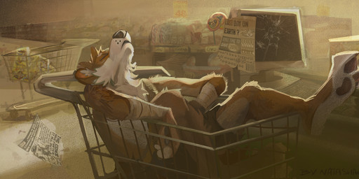 anthro black_nose black_pawpads brown_body brown_fur dystopian electronics eyes_closed fur in_shopping_cart inner_ear_fluff male monitor newspaper pawpads shopping_cart solo text tuft white_body white_fur nkotova99 canid mammal english_text hi_res