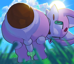 anthro anus balls blush bodily_fluids cheek_tuft cloud crowning_feces day excessive_feces facial_tuft feces fur genital_fluids genitals grass green_eyes humanoid_genitalia humanoid_penis hyper hyper_feces male male_pooping nude nude_anthro nude_male open_mouth outside penis pink_body pink_fur plant pooping precum precum_string scatplay sky solo sun tuft white_body white_fur tiosqr unknown_species hi_res