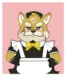 anthro blush clothed clothing crossdressing ear_piercing ear_ring facial_hair fur goatee maid_uniform male mustache piercing ring_piercing scar short_stack solo uniform yellow_body yellow_fur gukibear lifewonders live_a_hero procy canid canine canis domestic_dog mammal