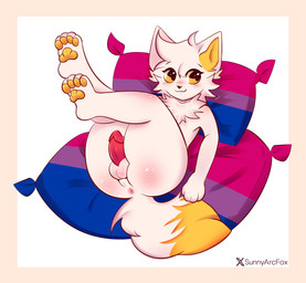 anthro anus balls bisexual_pride_colors blonde_hair blush border butt erection femboy fur genitals hair legs_up lgbt_pride looking_at_viewer lying male neck_tuft nude orange_border pawpads paws penis perineum pillow pride_colors red_penis simple_background smile solo tail tuft white_body white_fur yellow_pawpads yellow_tail sunnyarcfox lgbt_pride_month arctic_fox canid canine fox mammal true_fox absurd_res hi_res