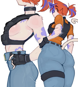 anthro big_butt bottomwear breasts butt choker clothed clothing denim denim_bottomwear denim_clothing female fingerless_gloves fur gloves hair hands_on_own_hips handwear jeans jewelry looking_back low-angle_view military_vest multicolored_hair necklace pants shirt side_boob side_view solo t-shirt tail tattoo thigh_strap topwear tuft two_tone_hair bat_bad epic_games fortnite cate_meowdy calico_cat domestic_cat felid feline felis mammal hi_res